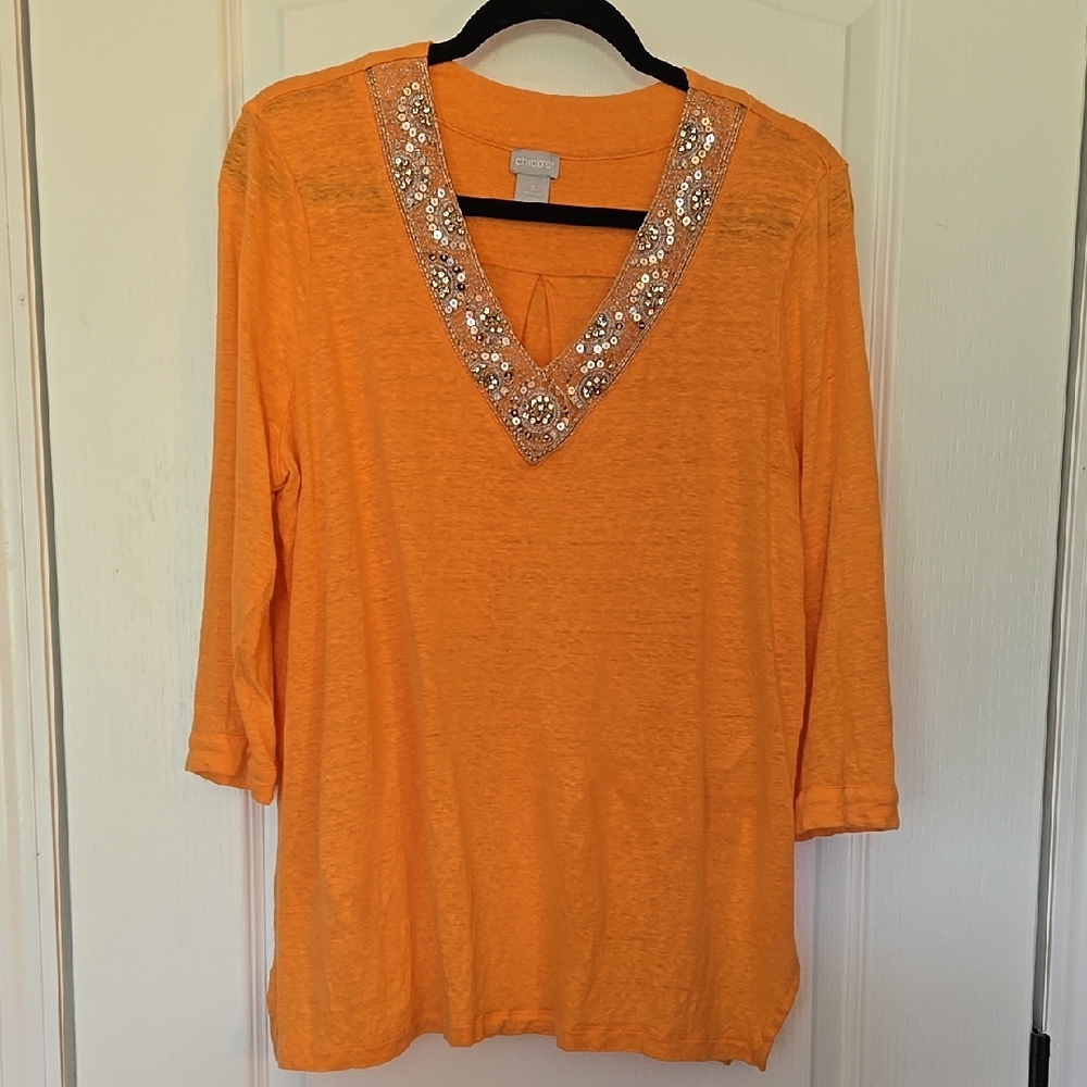 Chico's Orange Embellished V-Neck Top‎